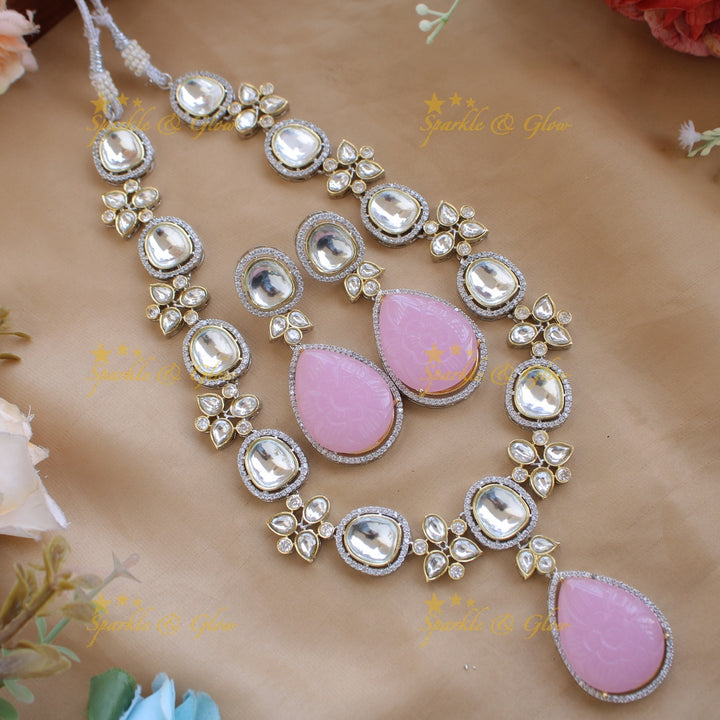 Elegant floral design victorian AD short necklace with stone drops - sea blue