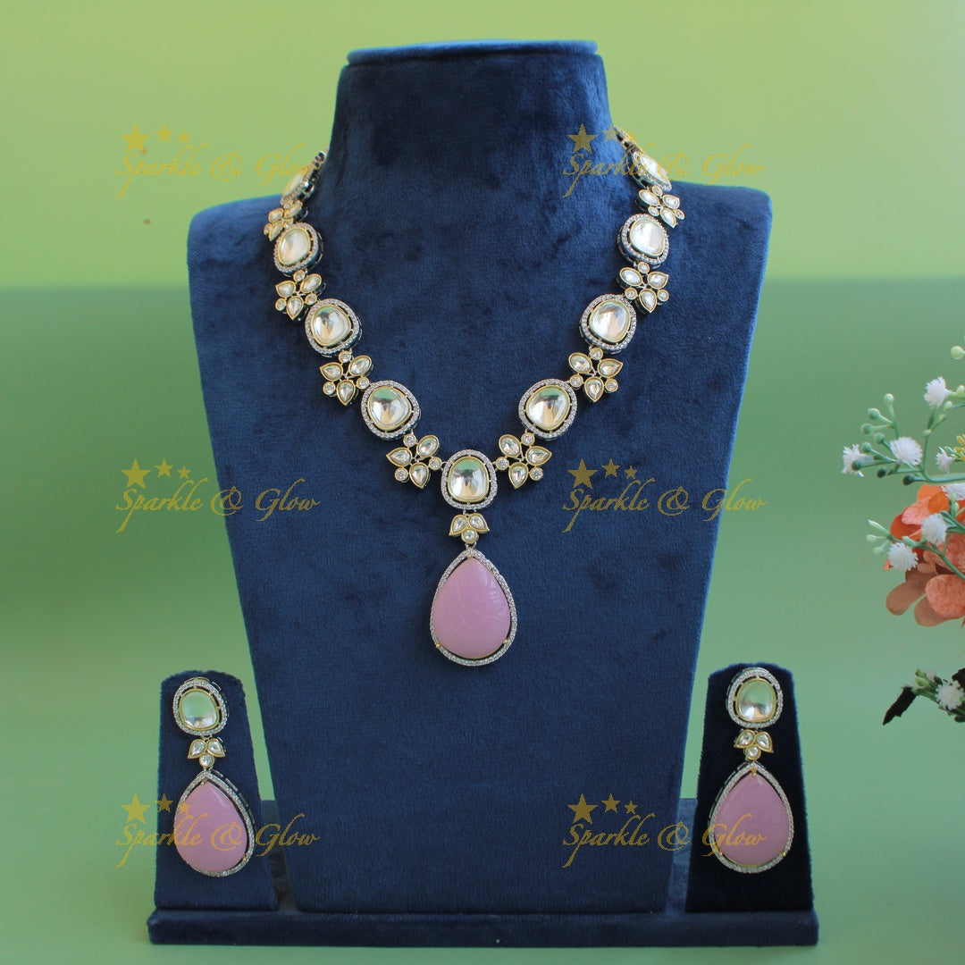 Elegant floral design victorian AD short necklace with stone drops - baby pink