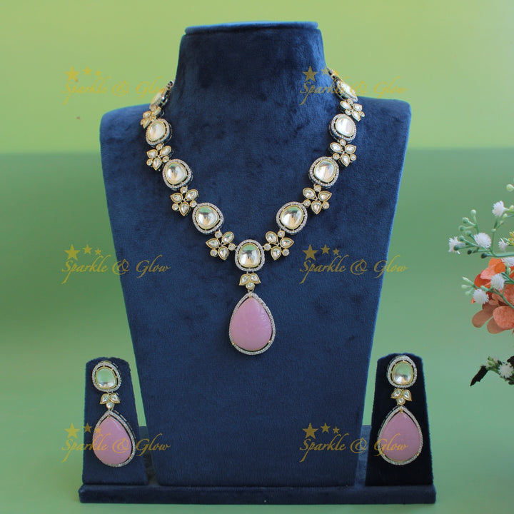 Elegant floral design victorian AD short necklace with stone drops - baby pink