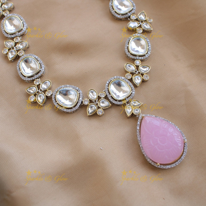 Elegant floral design victorian AD short necklace with stone drops - baby pink