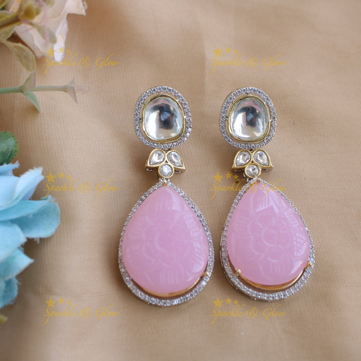 Elegant floral design victorian AD short necklace with stone drops - baby pink