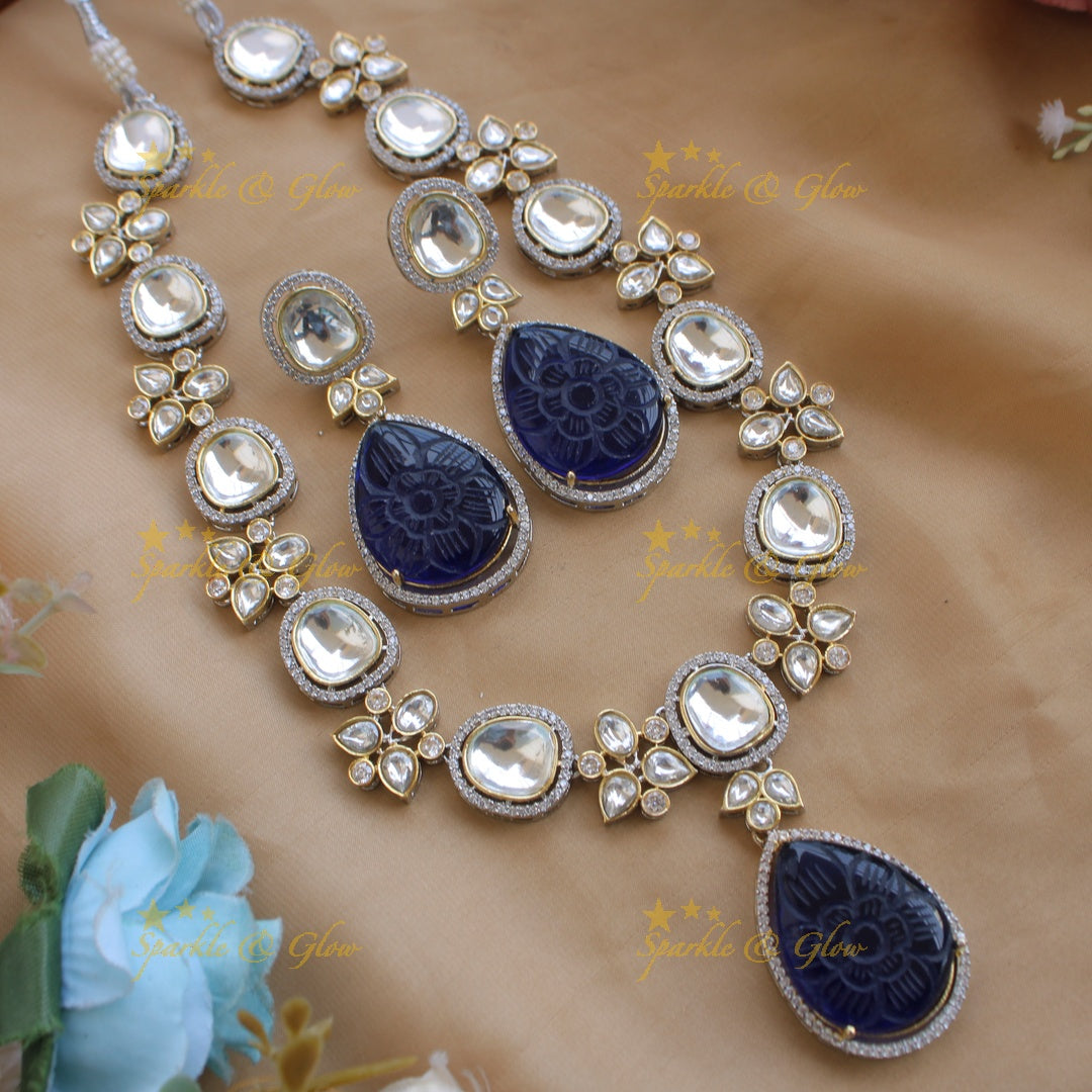 Elegant floral design victorian AD short necklace with stone drops - sea blue