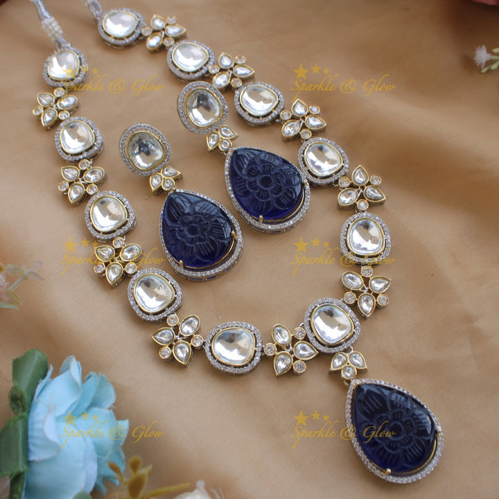Elegant floral design victorian AD short necklace with stone drops - sea blue