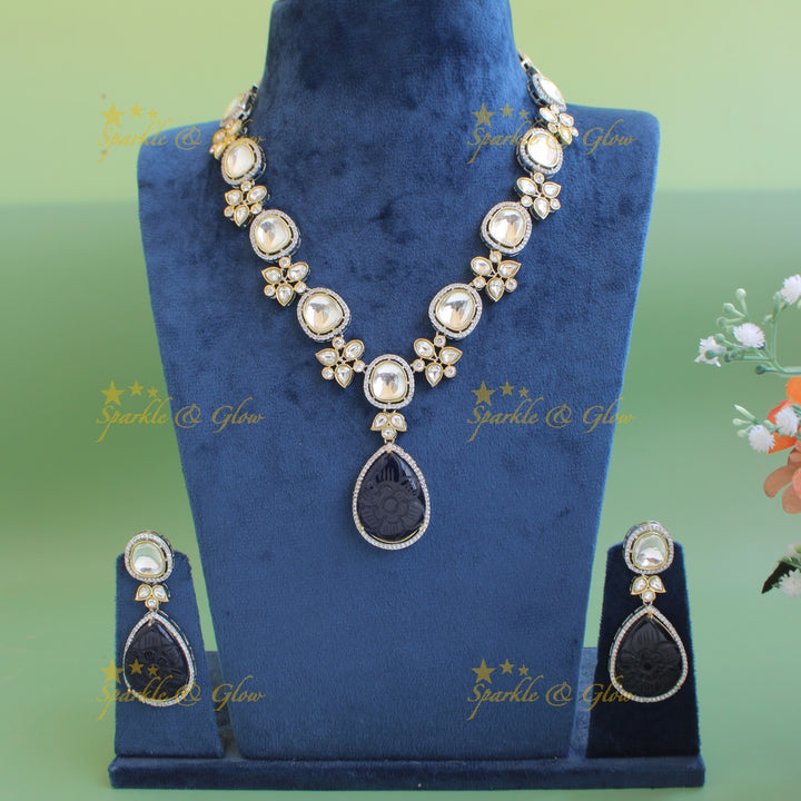 Elegant floral design victorian AD short necklace with stone drops - blue