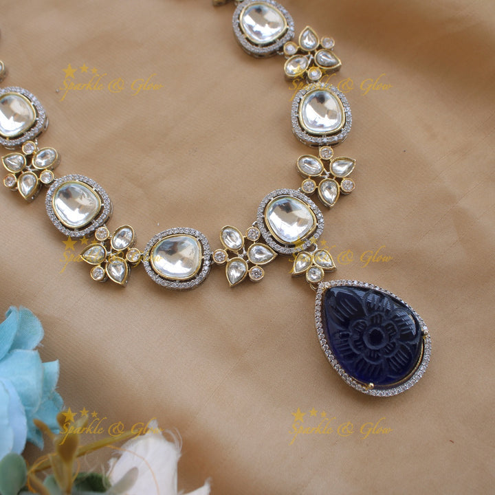 Elegant floral design victorian AD short necklace with stone drops - blue