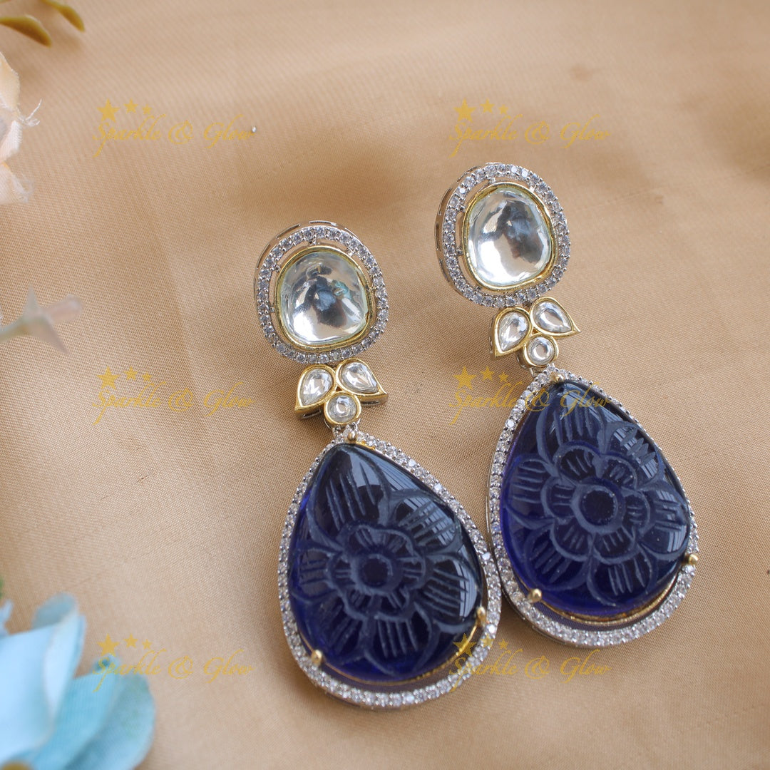 Elegant floral design victorian AD short necklace with stone drops - blue