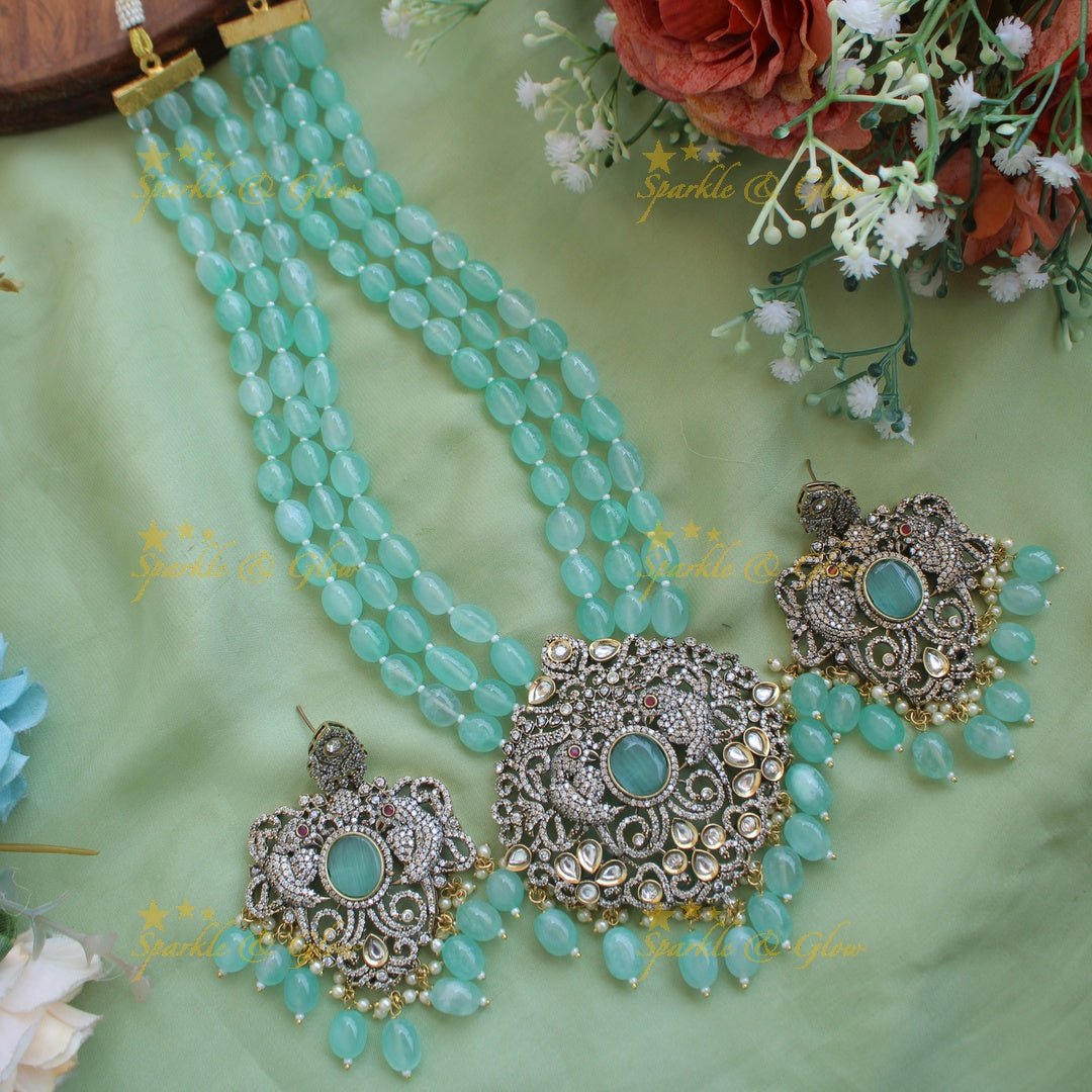 Statement Parrot and floral design Victorian AD haram with multi layer beads chain - mint green - Sparkle and Glow - Red - Back Thread