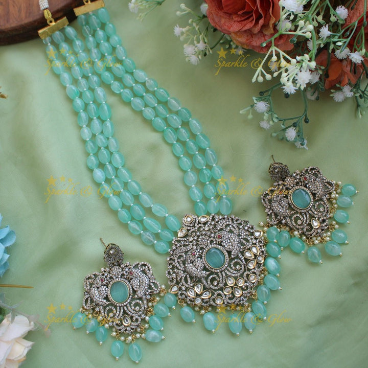 Statement Parrot and floral design Victorian AD haram with multi layer beads chain - mint green - Sparkle and Glow - Red - Back Thread