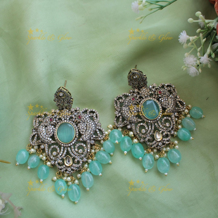 Statement Parrot and floral design Victorian AD haram with multi layer beads chain - mint green - Sparkle and Glow - Purple - Back Thread
