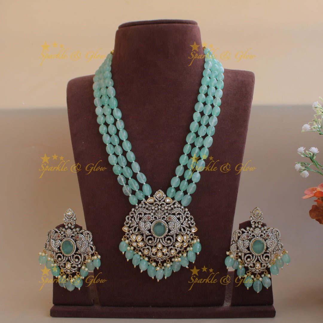 Statement Parrot and floral design Victorian AD haram with multi layer beads chain - mint green - Sparkle and Glow - Mintgreen - Back Thread