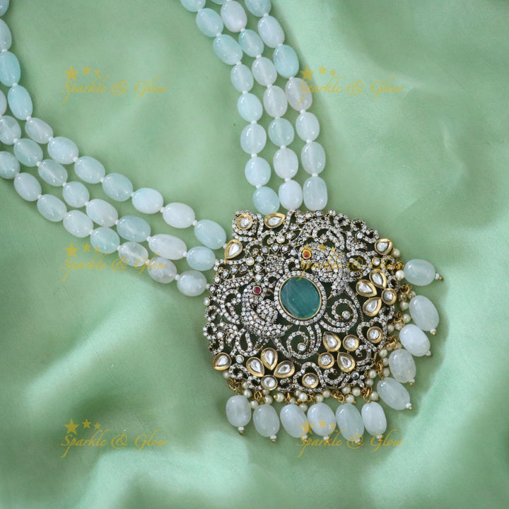 Parrot Floral Victorian AD Haram with Beads - Mint