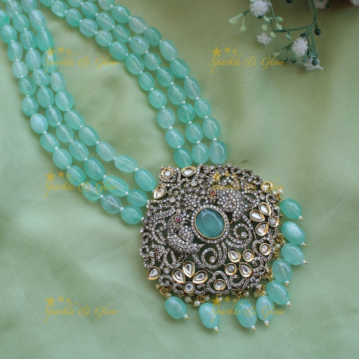 Statement Parrot and floral design Victorian AD haram with multi layer beads chain - mint green - Sparkle and Glow - Green - Back Thread