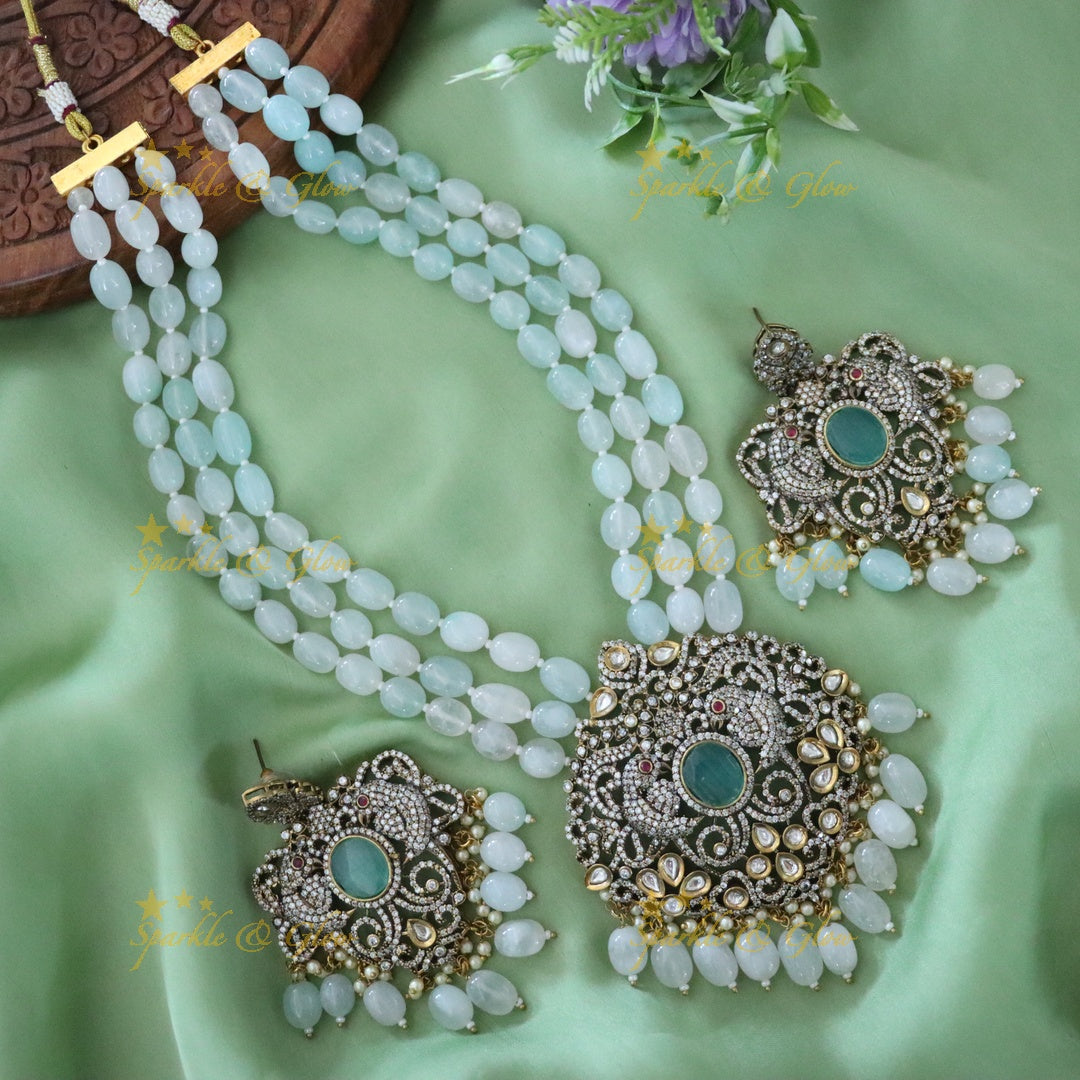 Parrot Floral Victorian AD Haram with Beads - Mint