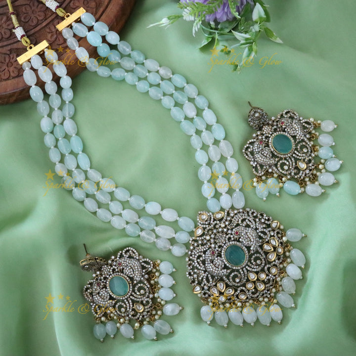 Parrot Floral Victorian AD Haram with Beads - Mint