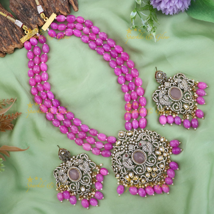 Parrot Floral Victorian AD Haram with Beads - Mint