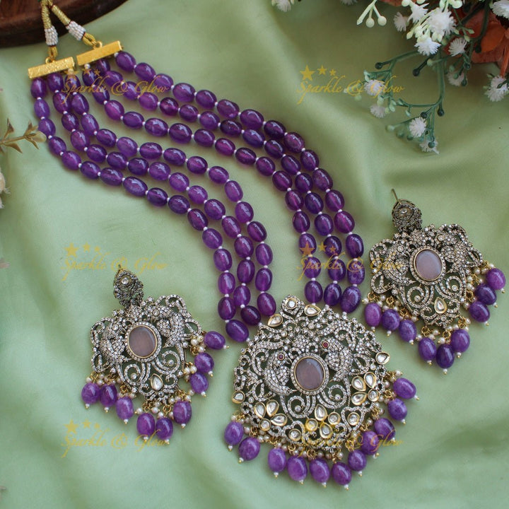 Statement Parrot and floral design Victorian AD haram with multi layer beads chain - mint green - Sparkle and Glow - Green - Back Thread