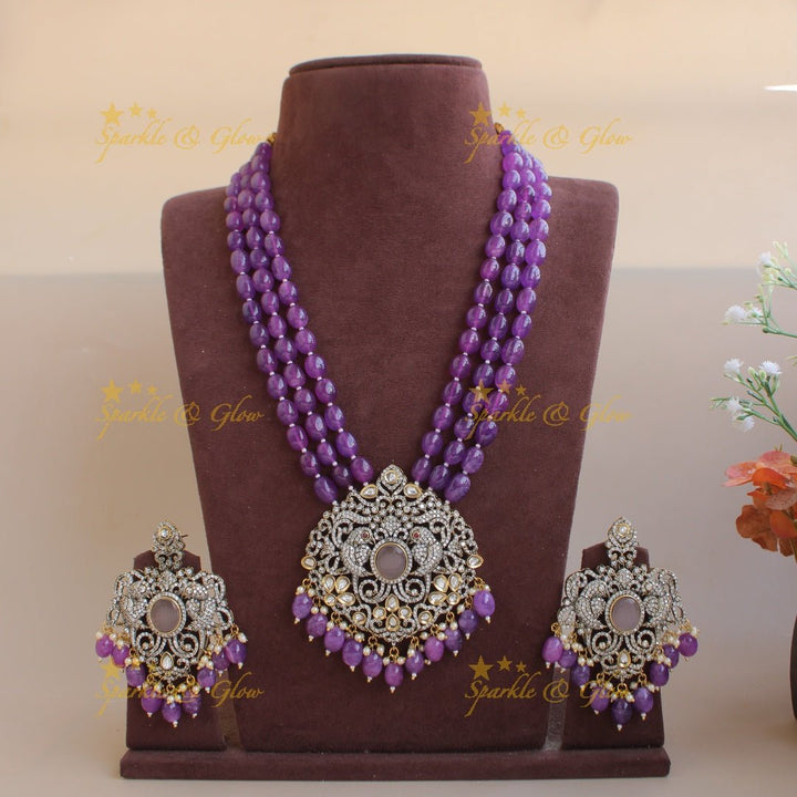 Statement Parrot and floral design Victorian AD haram with multi layer beads chain - mint green - Sparkle and Glow - Purple - Back Thread
