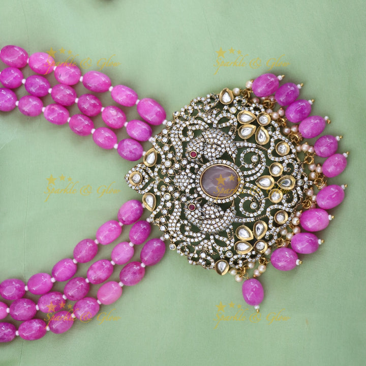 Parrot Floral Victorian AD Haram with Beads - Mint