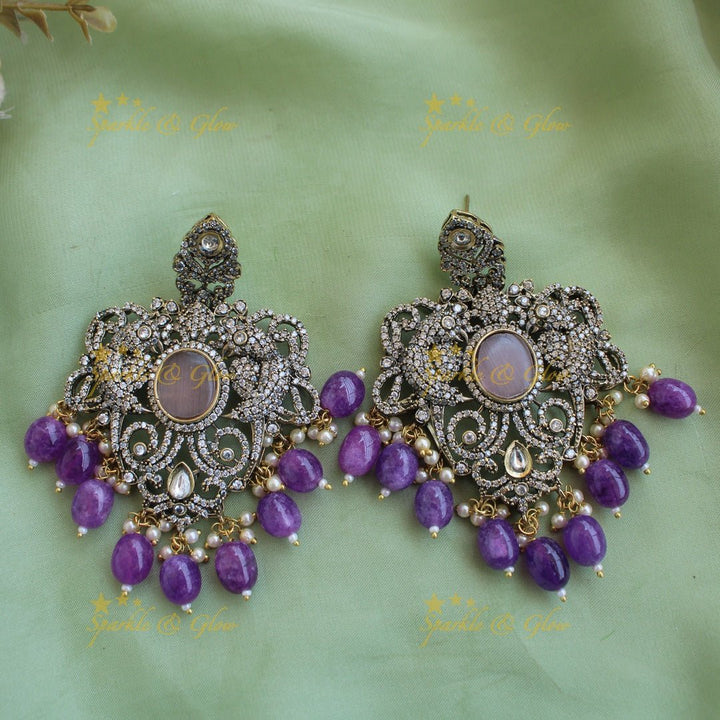 Statement Parrot and floral design Victorian AD haram with multi layer beads chain - mint green - Sparkle and Glow - Purple - Back Thread