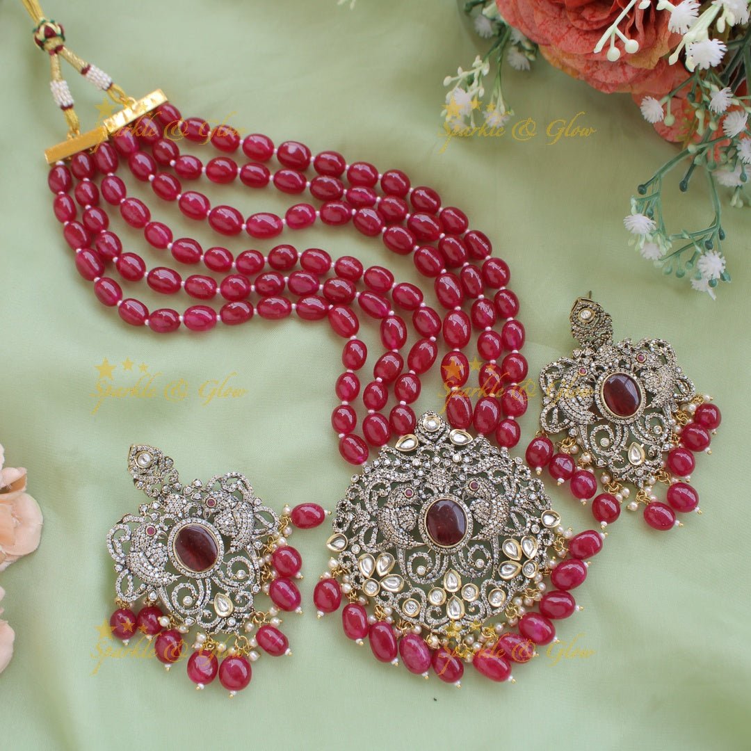 Statement Parrot and floral design Victorian AD haram with multi layer beads chain - mint green - Sparkle and Glow - Red - Back Thread