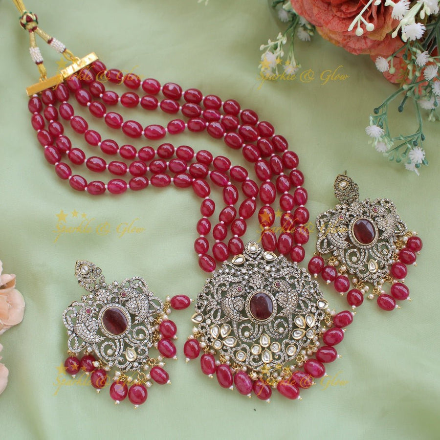 Statement Parrot and floral design Victorian AD haram with multi layer beads chain - mint green - Sparkle and Glow - Red - Back Thread