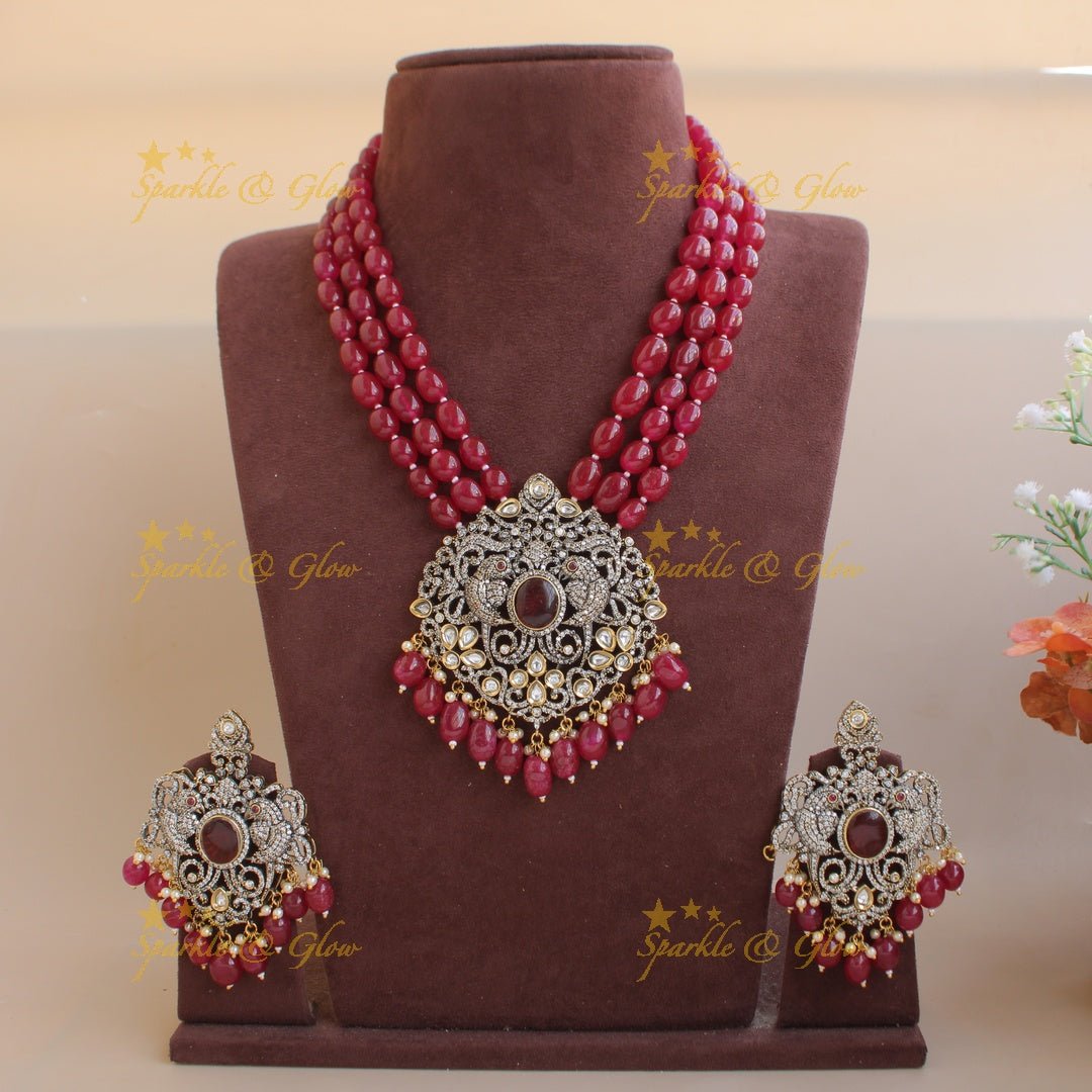Statement Parrot and floral design Victorian AD haram with multi layer beads chain - mint green - Sparkle and Glow - Purple - Back Thread