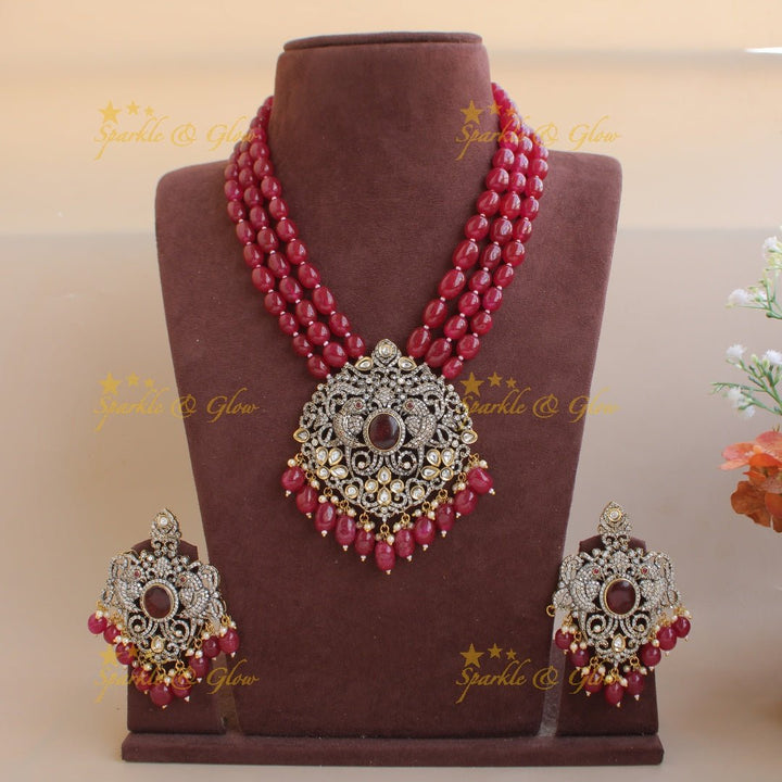 Statement Parrot and floral design Victorian AD haram with multi layer beads chain - mint green - Sparkle and Glow - Purple - Back Thread