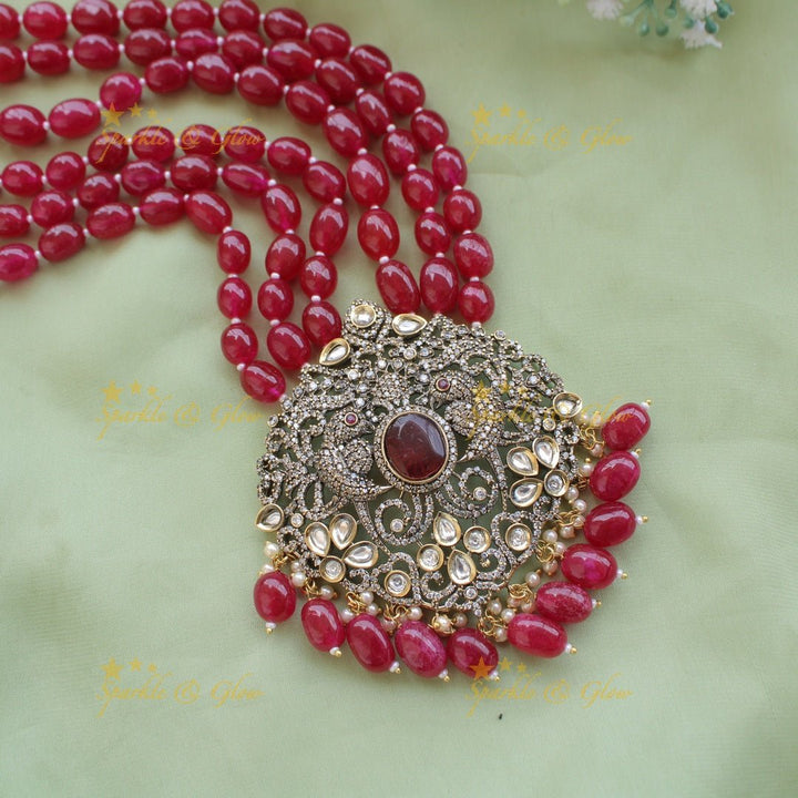 Statement Parrot and floral design Victorian AD haram with multi layer beads chain - mint green - Sparkle and Glow - Mintgreen - Back Thread