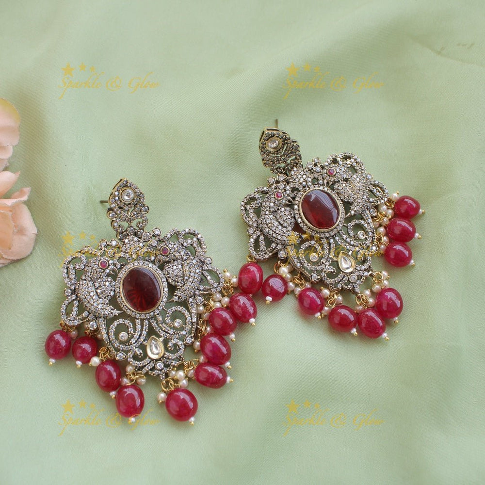Statement Parrot and floral design Victorian AD haram with multi layer beads chain - mint green - Sparkle and Glow - Purple - Back Thread