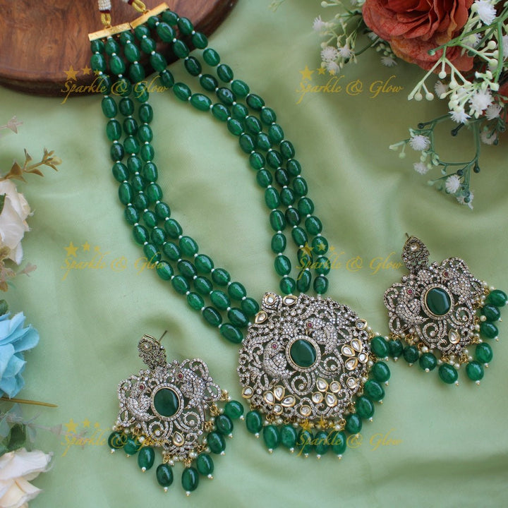 Statement Parrot and floral design Victorian AD haram with multi layer beads chain - mint green - Sparkle and Glow - Green - Back Thread