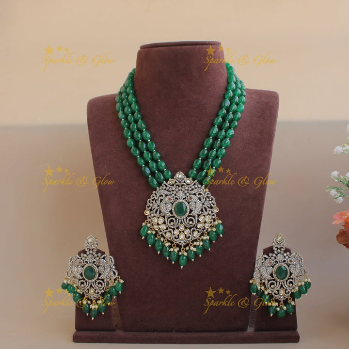 Statement Parrot and floral design Victorian AD haram with multi layer beads chain - mint green - Sparkle and Glow - Blue - Back Thread