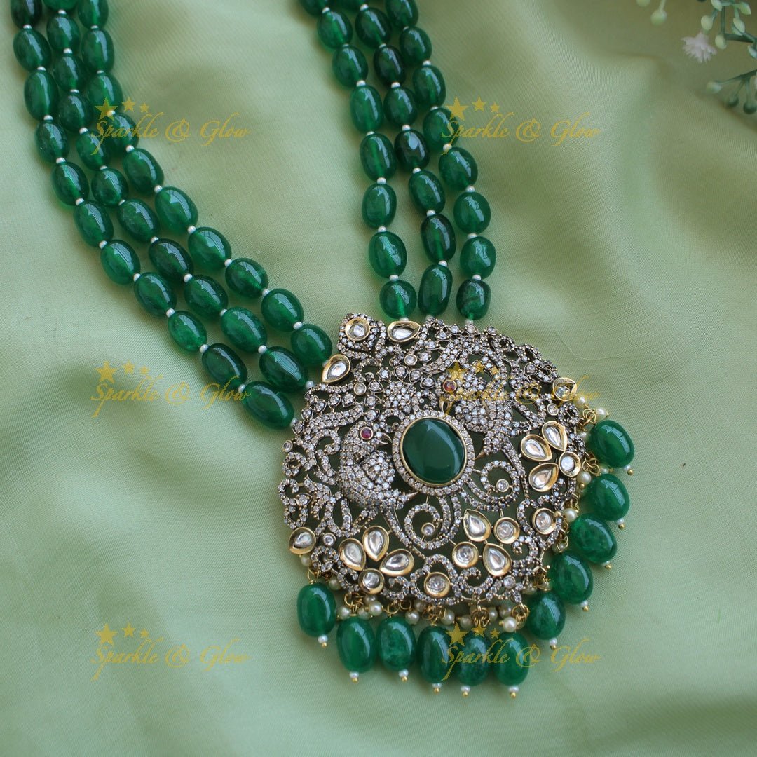 Statement Parrot and floral design Victorian AD haram with multi layer beads chain - mint green - Sparkle and Glow - Red - Back Thread