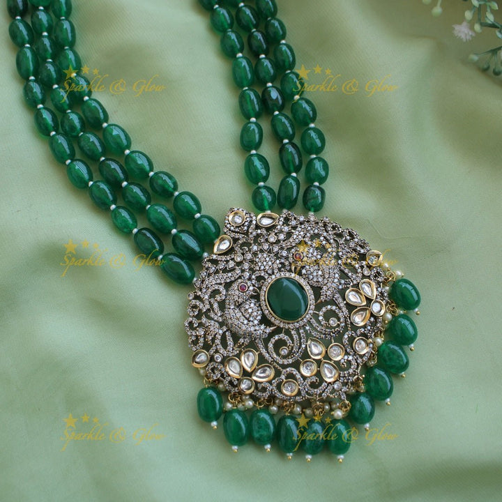 Statement Parrot and floral design Victorian AD haram with multi layer beads chain - mint green - Sparkle and Glow - Red - Back Thread