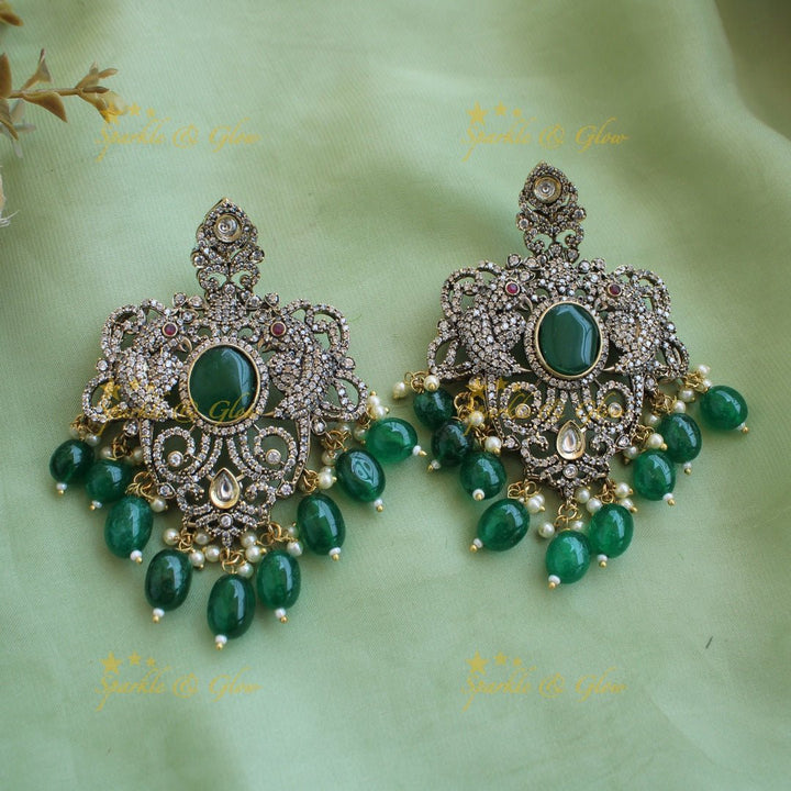 Statement Parrot and floral design Victorian AD haram with multi layer beads chain - mint green - Sparkle and Glow - Red - Back Thread