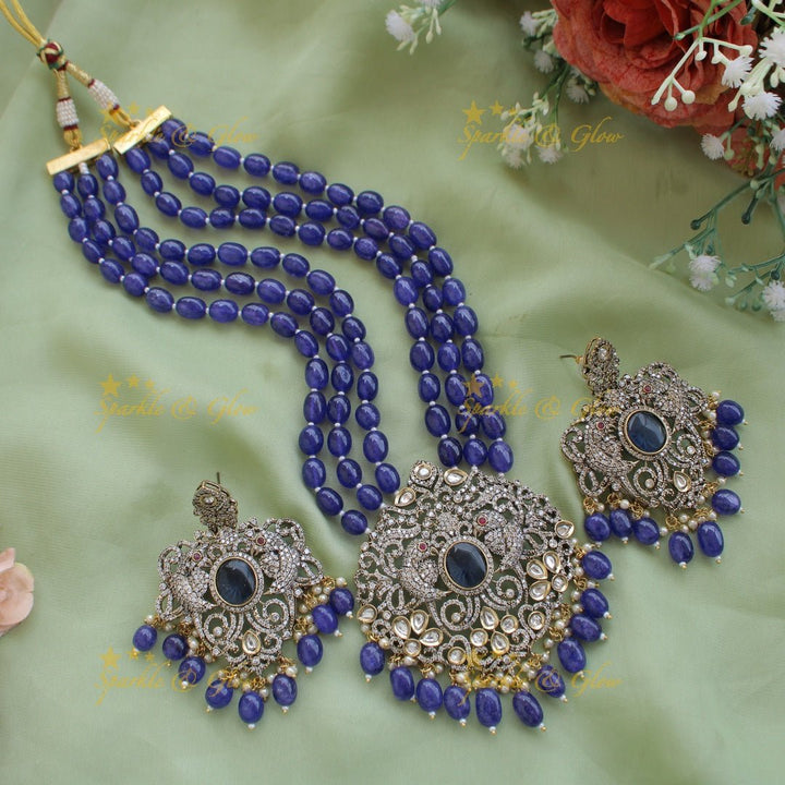Statement Parrot and floral design Victorian AD haram with multi layer beads chain - mint green - Sparkle and Glow - Purple - Back Thread