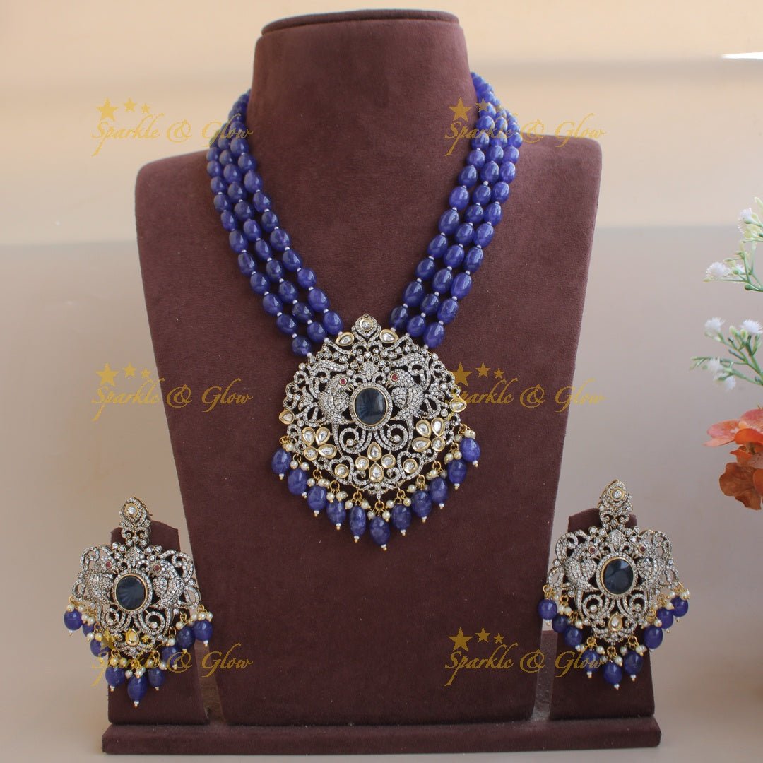 Statement Parrot and floral design Victorian AD haram with multi layer beads chain - mint green - Sparkle and Glow - Blue - Back Thread
