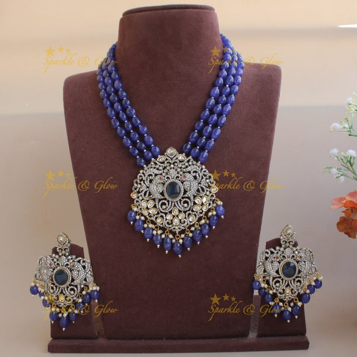 Statement Parrot and floral design Victorian AD haram with multi layer beads chain - mint green - Sparkle and Glow - Blue - Back Thread
