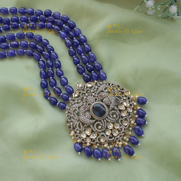 Statement Parrot and floral design Victorian AD haram with multi layer beads chain - mint green - Sparkle and Glow - Purple - Back Thread