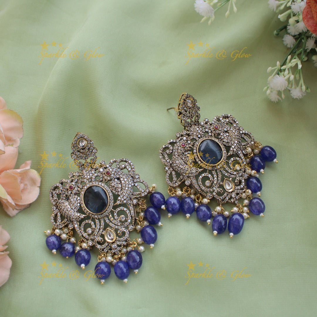 Statement Parrot and floral design Victorian AD haram with multi layer beads chain - mint green - Sparkle and Glow - Purple - Back Thread