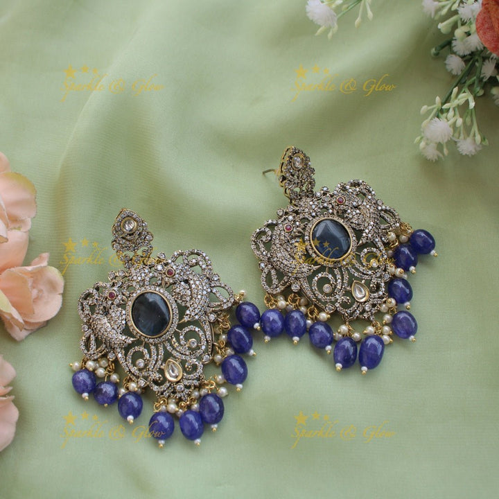 Statement Parrot and floral design Victorian AD haram with multi layer beads chain - mint green - Sparkle and Glow - Purple - Back Thread