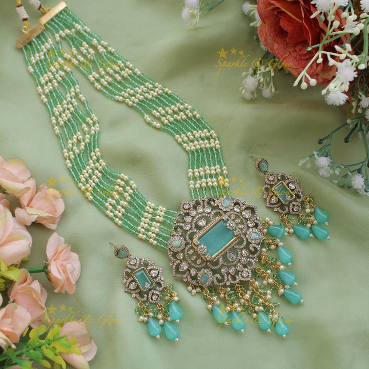 Beautiful Floral pendant Victorian AD haram with multi layer pearl and beads chain - mint green - Sparkle and Glow - Mintgreen - Back Thread