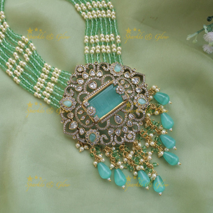 Beautiful Floral pendant Victorian AD haram with multi layer pearl and beads chain - mint green - Sparkle and Glow - Pinkmaroon - Back Thread