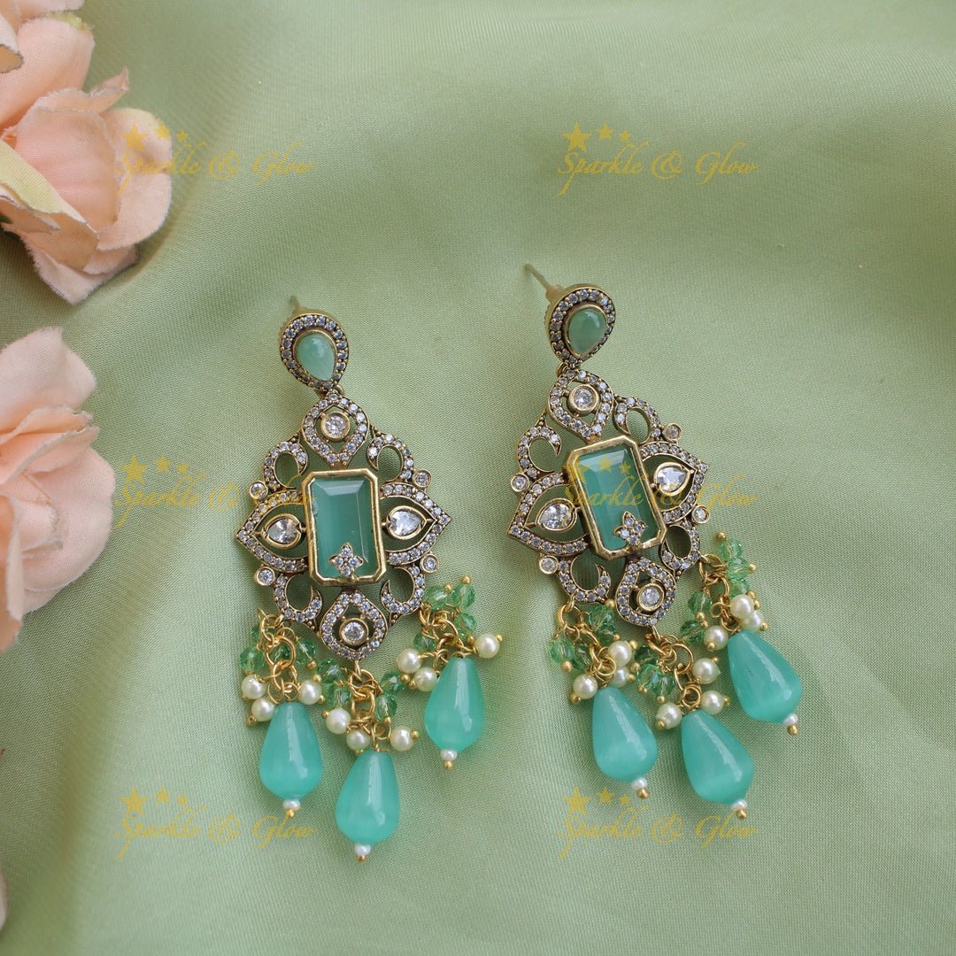 Beautiful Floral pendant Victorian AD haram with multi layer pearl and beads chain - mint green - Sparkle and Glow - Orangepearl - Back Thread