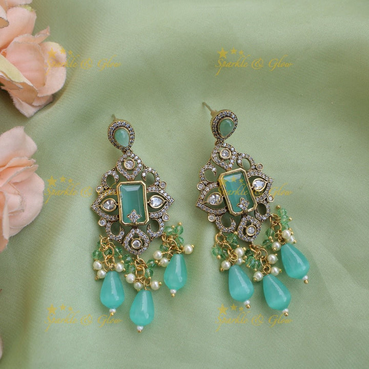 Beautiful Floral pendant Victorian AD haram with multi layer pearl and beads chain - mint green - Sparkle and Glow - Orangepearl - Back Thread
