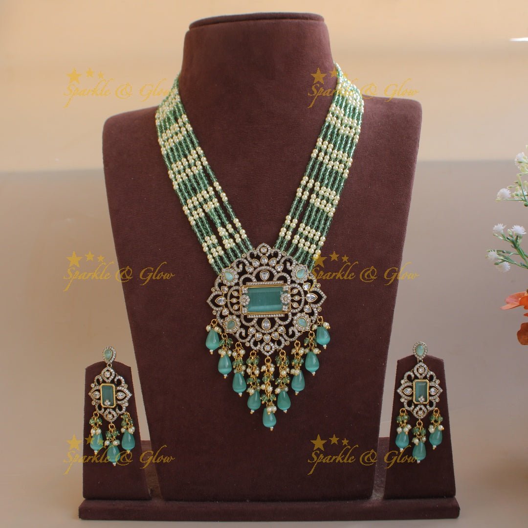 Beautiful Floral pendant Victorian AD haram with multi layer pearl and beads chain - mint green - Sparkle and Glow - Orangepearl - Back Thread