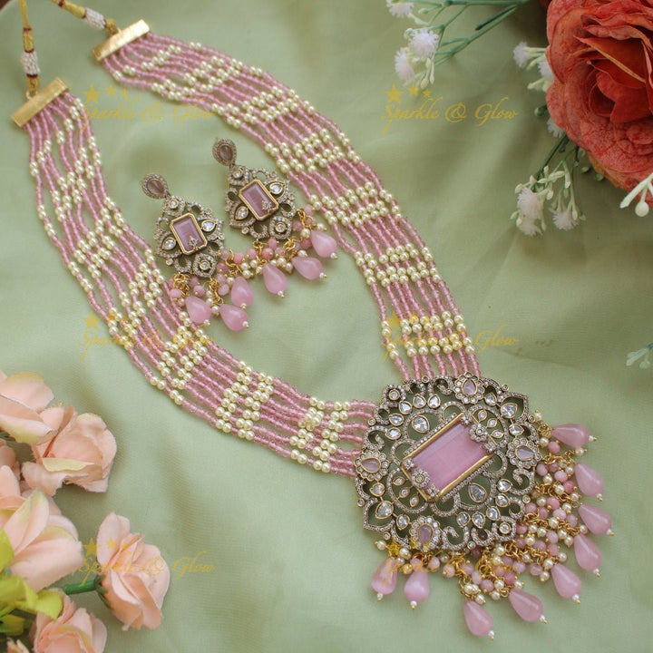 Beautiful Floral pendant Victorian AD haram with multi layer pearl and beads chain - mint green - Sparkle and Glow - Babypink - Back Thread