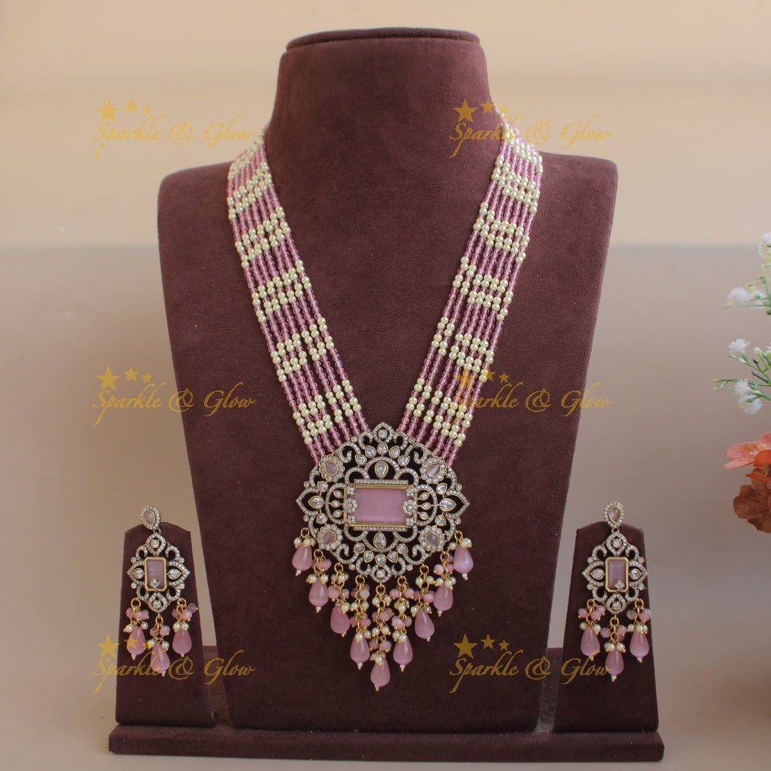 Beautiful Floral pendant Victorian AD haram with multi layer pearl and beads chain - mint green - Sparkle and Glow - Pinkmaroon - Back Thread