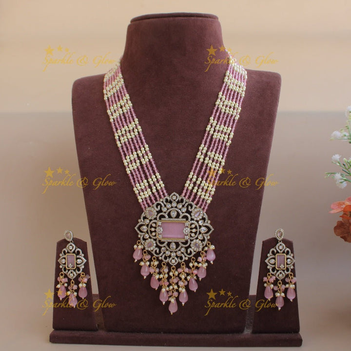 Beautiful Floral pendant Victorian AD haram with multi layer pearl and beads chain - mint green - Sparkle and Glow - Pinkmaroon - Back Thread
