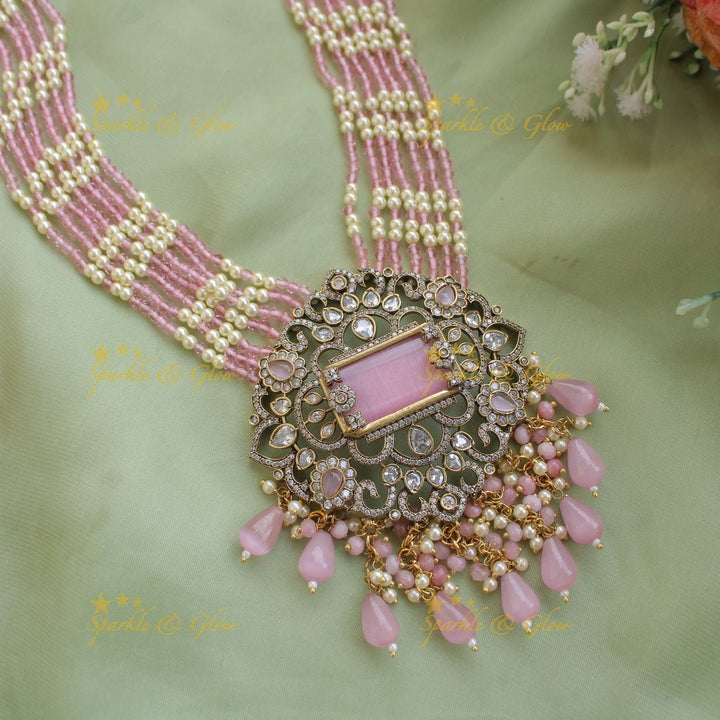 Beautiful Floral pendant Victorian AD haram with multi layer pearl and beads chain - mint green - Sparkle and Glow - Orangepearl - Back Thread