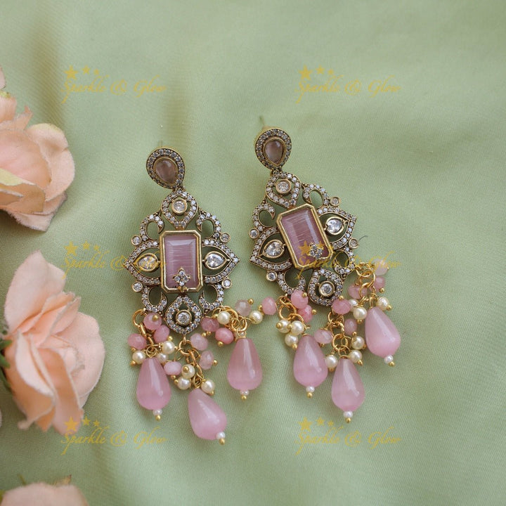 Beautiful Floral pendant Victorian AD haram with multi layer pearl and beads chain - mint green - Sparkle and Glow - Purple - Back Thread